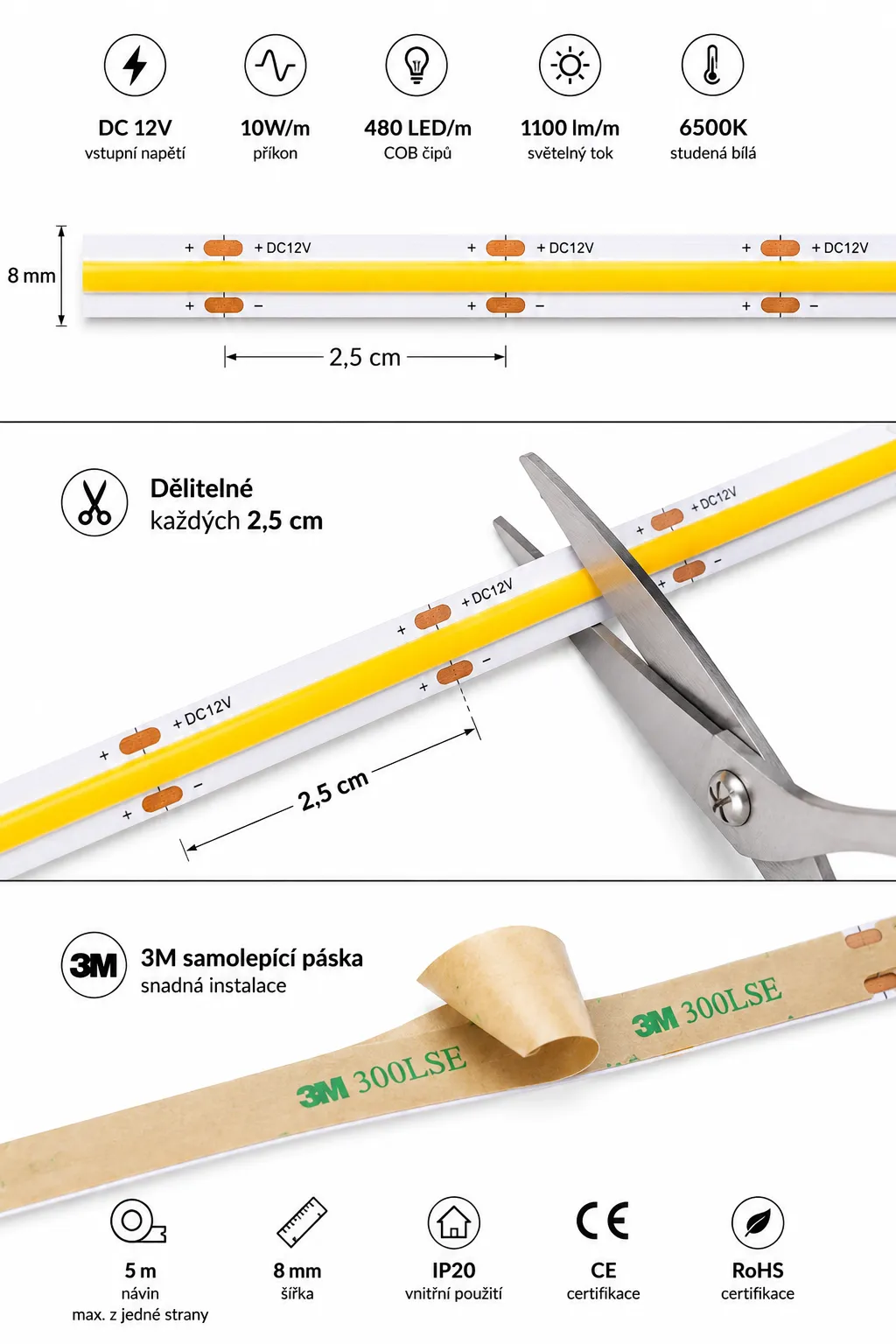 Instalace COB LED pásku 12V — dělitelnost každých 2,5cm, 3M páska, max 5m z jedné strany, hliníkový profil